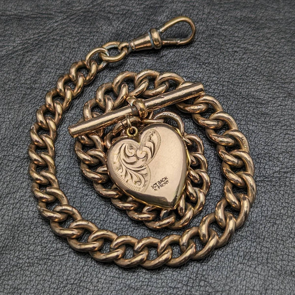British Antique Rolled Gold Albert Chain 9ct Gold Heart Locket Fob